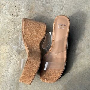 Crown & Ivy Cork Wedge Sandals with Clear Straps